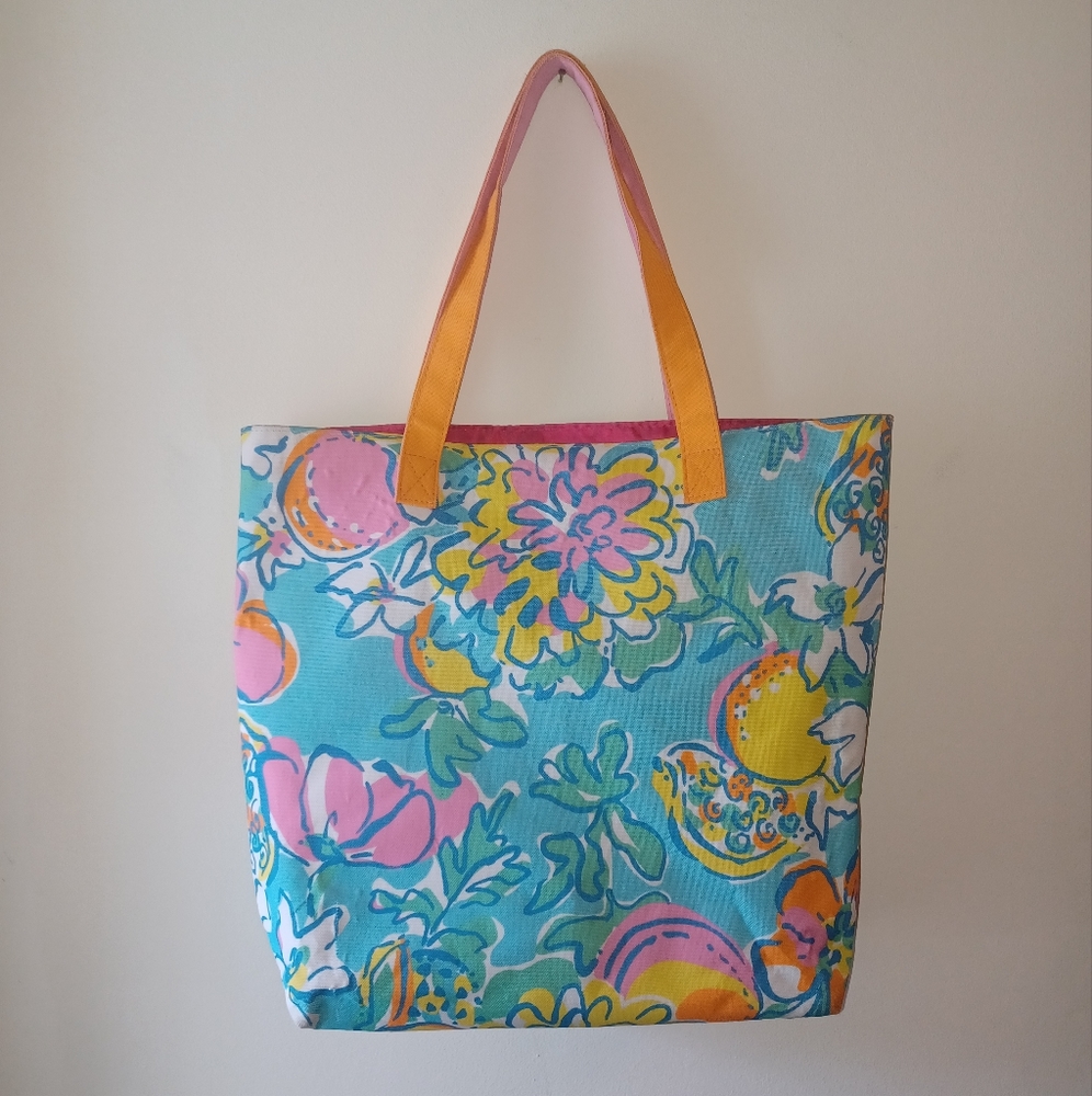 Lilly Pultizer for Estee Lauder bright floral tote bag + pink gold cosmetic bag - Picture 3 of 17